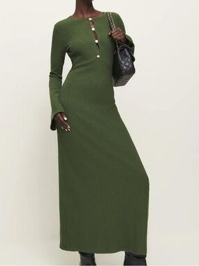 Reformation Olive Green Ribbed Maxi Dress with Front Button Cutouts